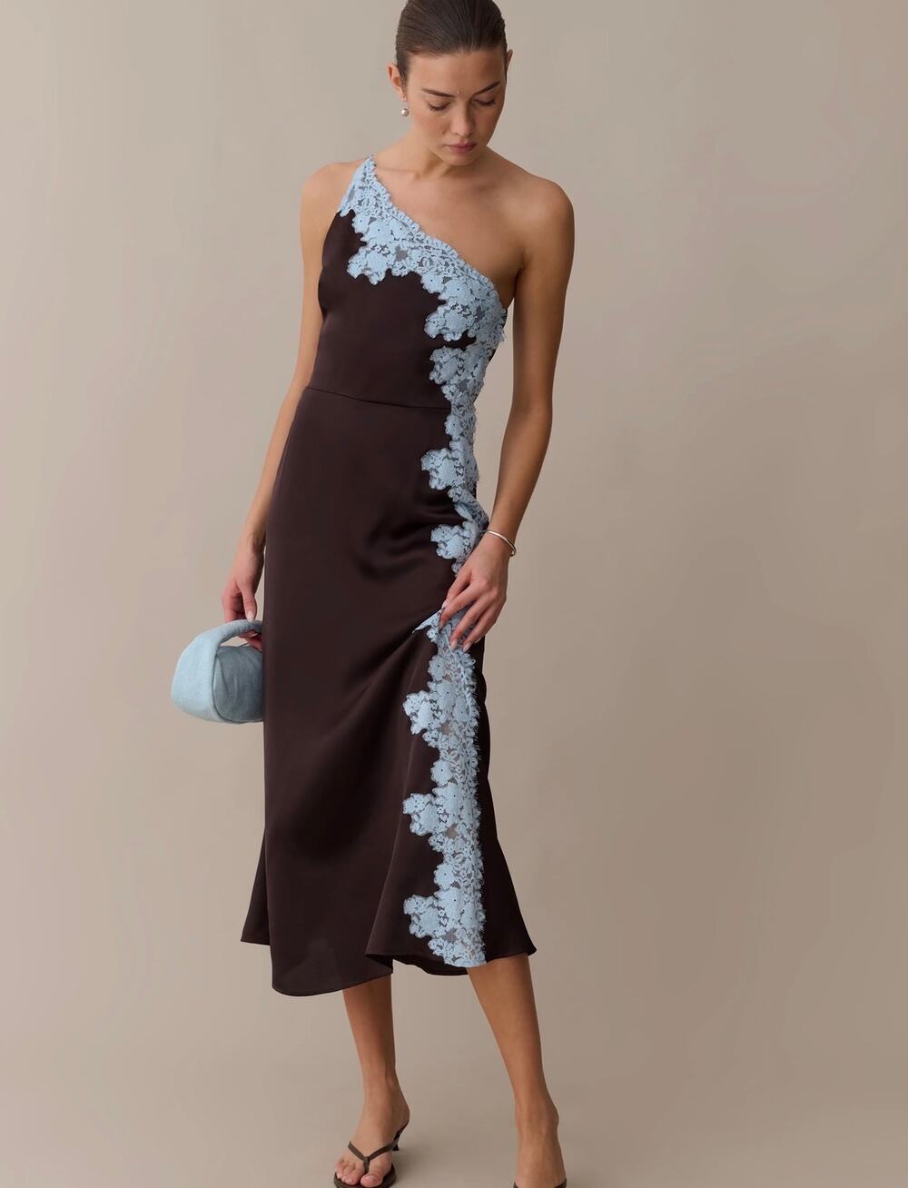 New O.P.T Aiko dark coffee lace satin dress $222 size 8